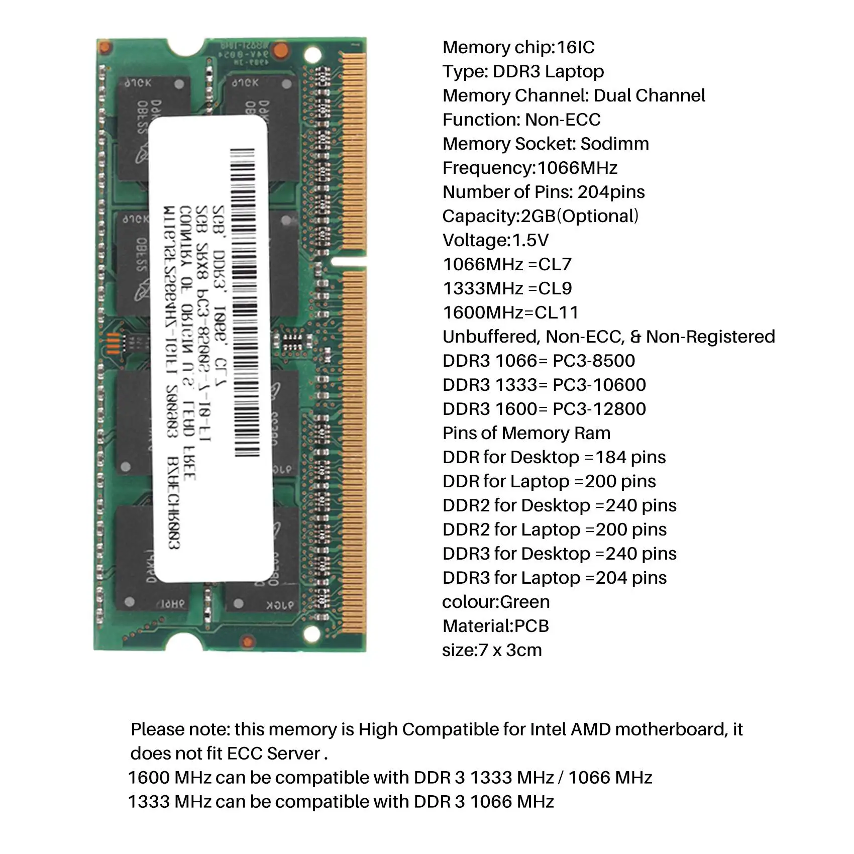 Оперативная память DDR3 для ноутбука 2 Гб ОЗУ 2RX8 1066 МГц 1 5 контактов в