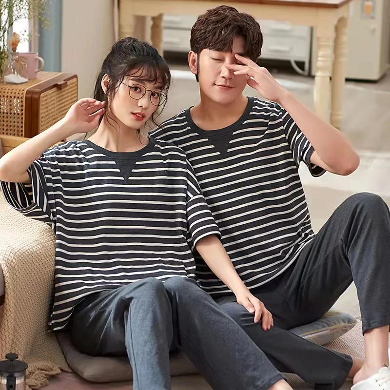 2022 Summer Fashion Women's Casual Lovely   Striped Short Sleeve Sleepwear Homewear Set With Pants Paired Pajamas For Couple's