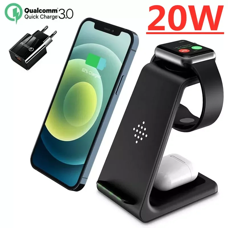 

Беспроводное зарядное устройство 3 в 1 Qi 20 Вт, док-станция для быстрой зарядки для iPhone 13 12 MAX/11/Xs Samsung для Apple Watch, зарядное устройство Airpods Pro