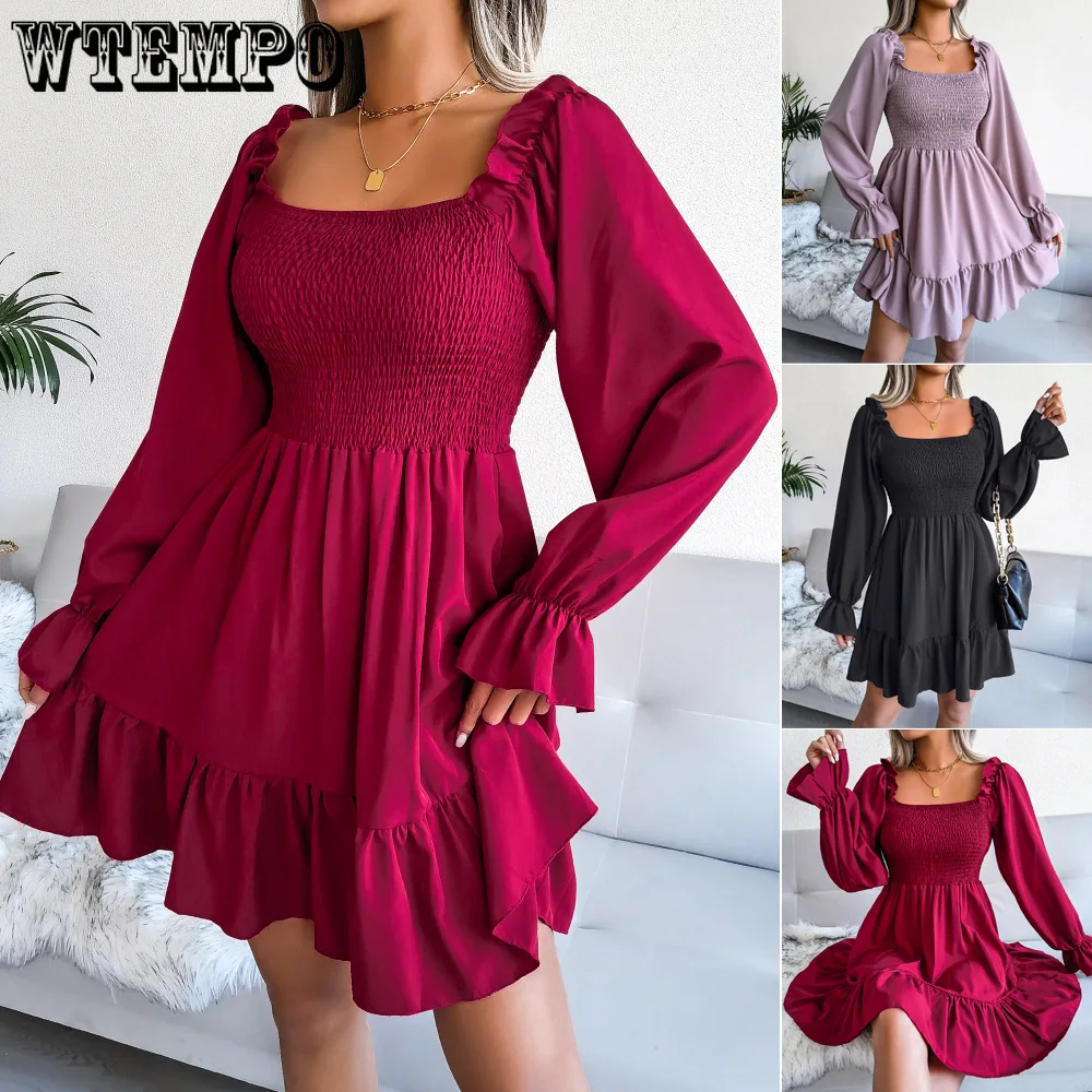 

Big Swing Dress Square Collar Trumpet Long Sleeve Butterfly Sleeve A-LINE Chiffon Spring and Summer Dresses Women