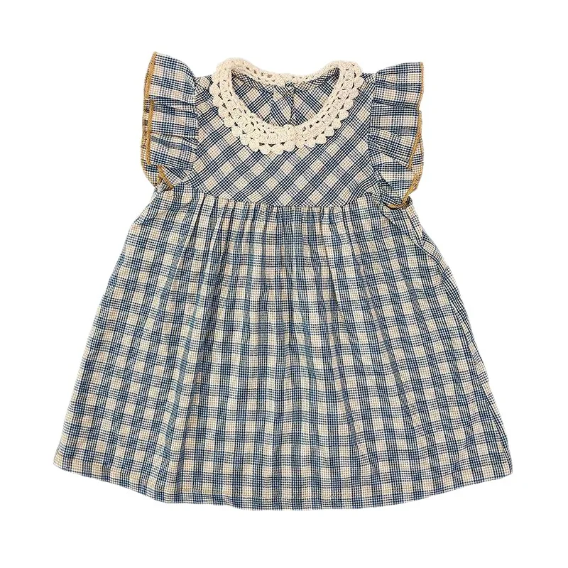 

Летнее винтажное клетчатое платье для маленьких девочек с летящим рукавом, детское милое повседневное плиссированное платье с кружевным в...