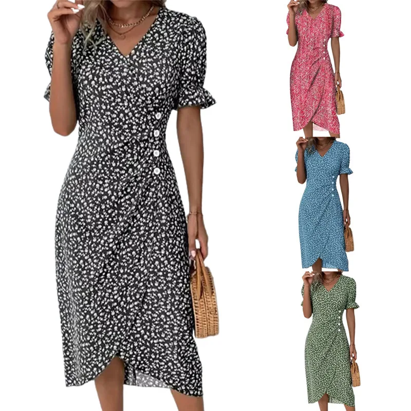 2023 Summer New Women's Casual Commuting Dress Fashion V-Neck Printed Button Irregular Hem Dress Women's Dress