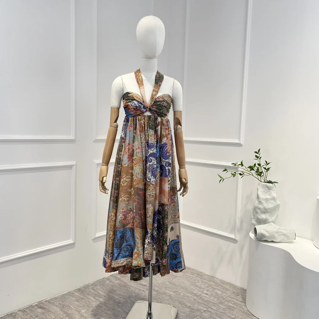 

2023 New Yellow Top Quality Silk Spring Summer Beach Style Floral Printing Folds Halter Sleeveless Midi Dress for Woman