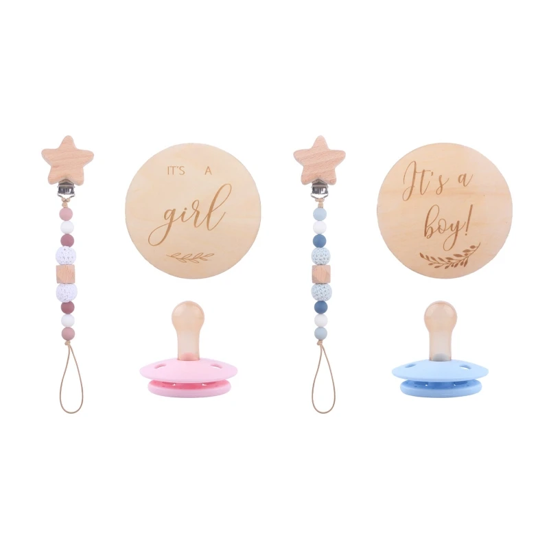 

H37A Handmade Baby Silicone Beads Beech Wooden Pacifier Chain Clip Baby Wooden Cards Comfort Appease Soother Set