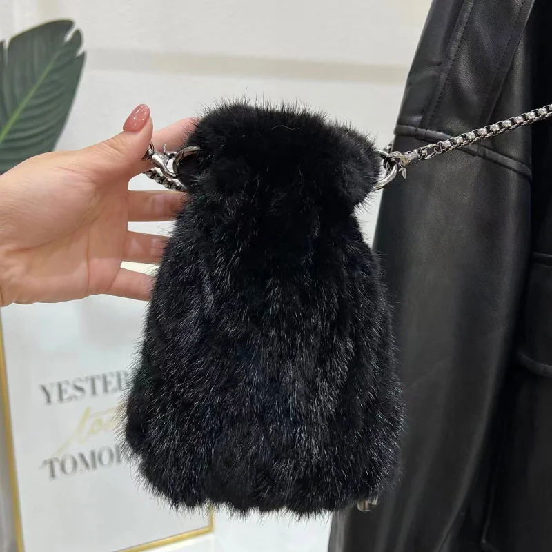 Mink Wool Real Fur Bag for Woman Hand-woven Luxury Charm Retro Bucket Bags Female Chain Women's Handbag Plush Designer Warm