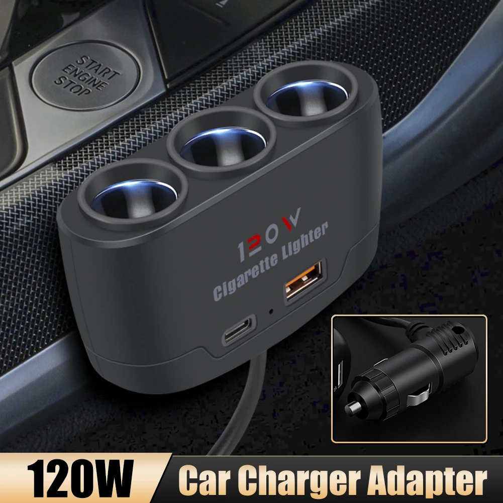 

120W Car Charger Adapter 3in1 3 Socket Cigarette Lighter Splitter Charger Independent Switches Cigarette Outlet Auto Accessories