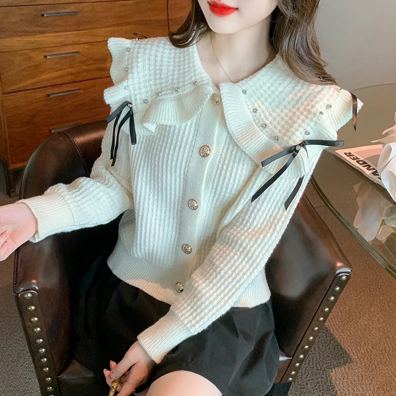 

Sweet Cropped Cardigan Coat Women Peter Pan Collar Beading Bow Sweater Fashion Knitwear Diamonds Knitted Cardigans Pull Femme