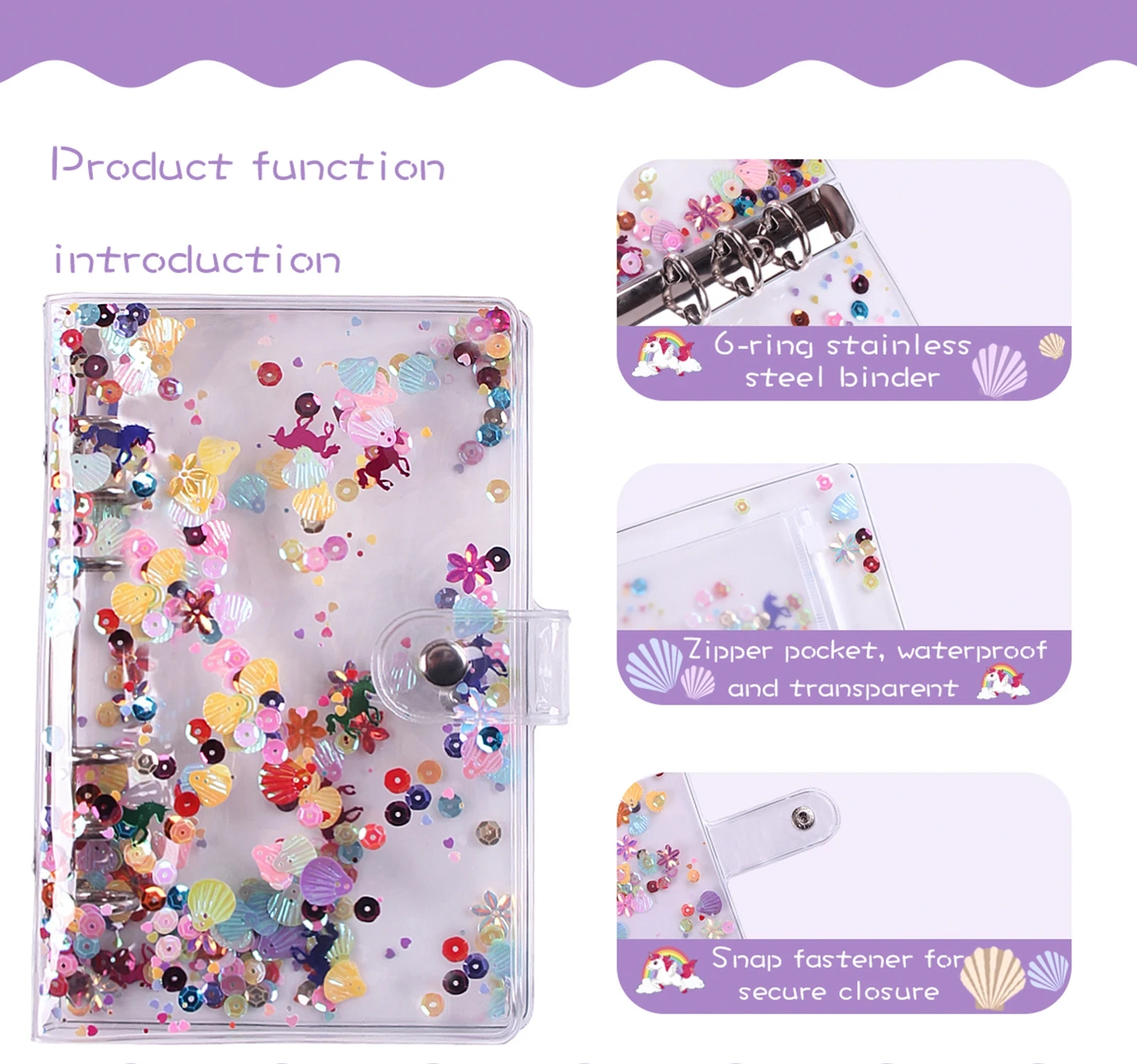 

A6 Pvc Budget Binder Transparent Cover Sequins Notebook Zipper Bags Card Packet Diary Agenda Planner School Stationery 12pcs