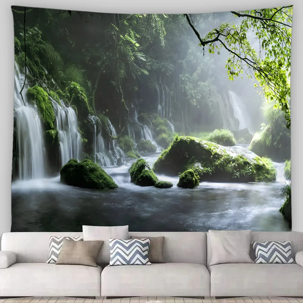 Tropical Jungle Landscape Tapestry Green Plants Forest Waterfall Nature Scenery Tapestries Home Living Room Decor Wall Hanging