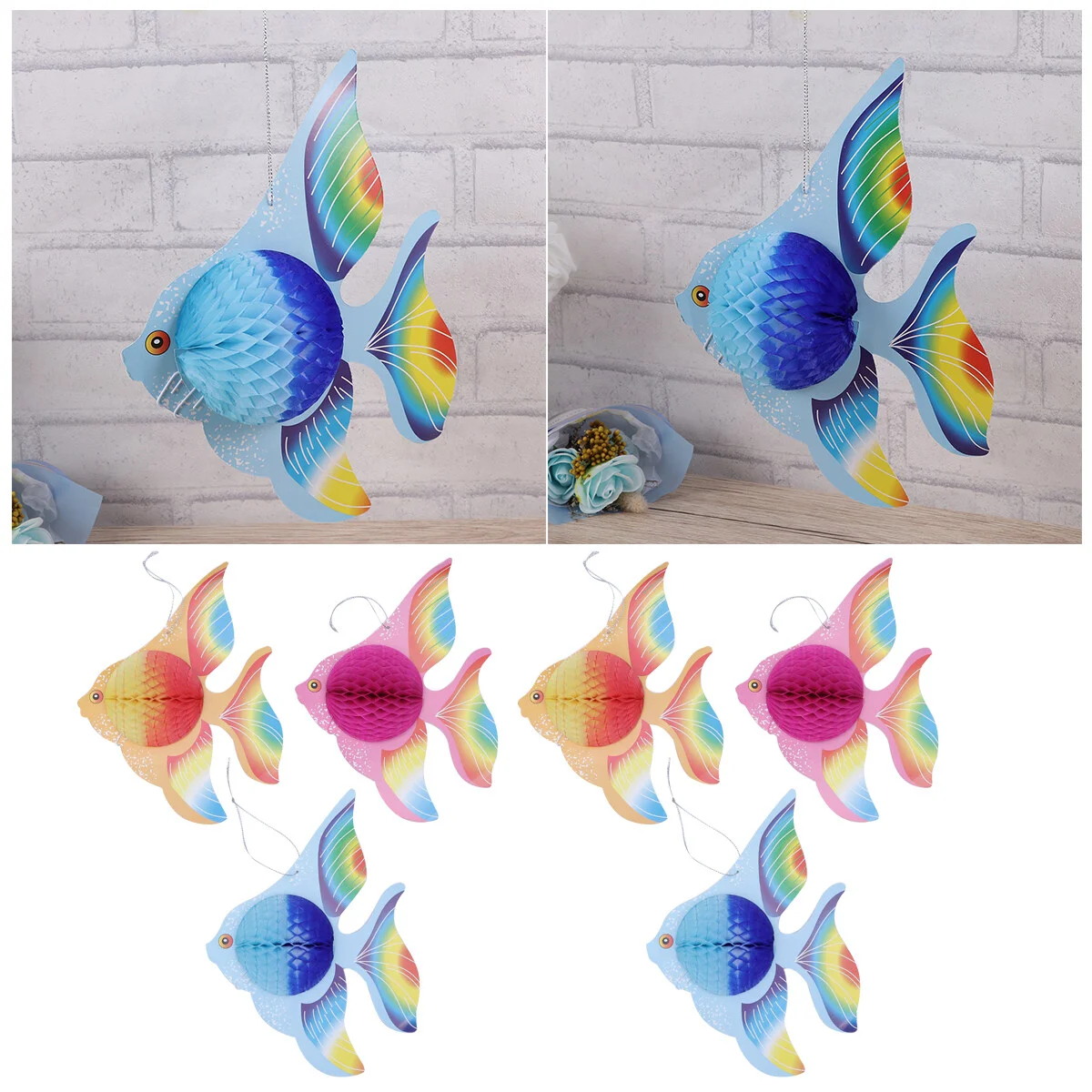 

6pcs Colorful Tissue Paper Goldfish Foldable Tropical Fish Decoration Hanging Ornament Party Supplies (Gold + Pink + Blue)