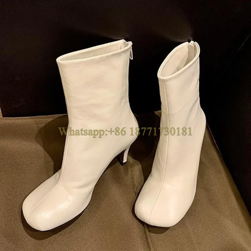 

Женские ботильоны на молнии сзади, черные, оранжевые или белые облегающие короткие ботинки из мягкой кожи с большим носком, 7 см, зима 2022