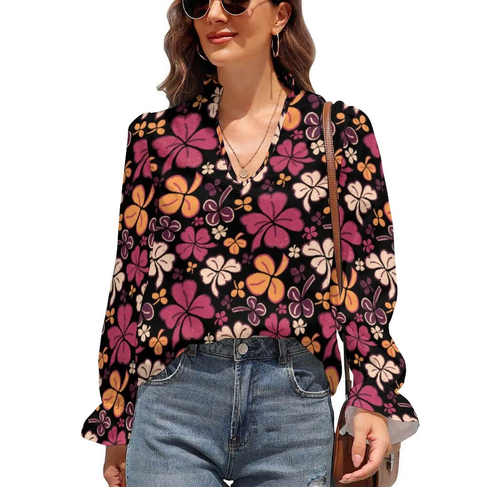 

St Patrick's Day Chiffon Blouse Lucky Clover Shamrock Red Kawaii Blouses Long Sleeve Classic Shirts Spring V Neck Print Clothes