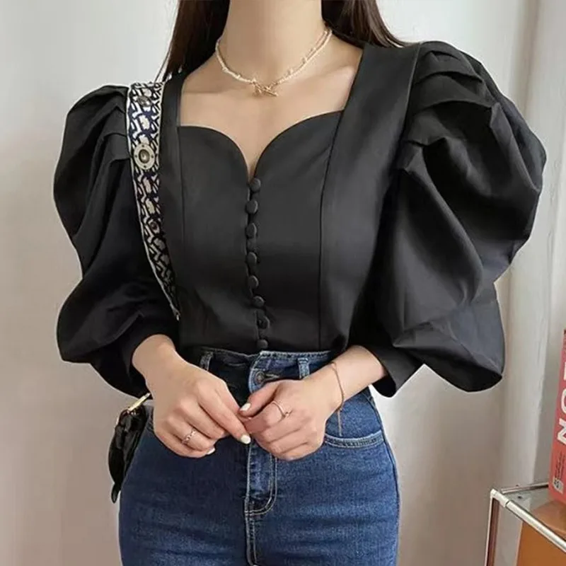 

Autumn Vintage Shirts Fashion Women Tops Lantern Sleeve Shirt Casual Blouse Spring Loose Shirt Clothes Women Blusas 29536