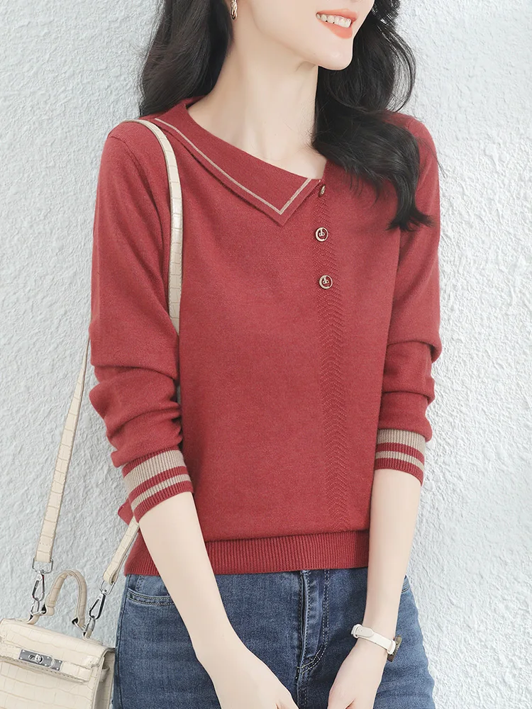 

HCXR Women Sweaters 2023 Autumn Asymmetric V-neck Long Sleeve Vintage Pullover Button Decoration Chic Knitted Top
