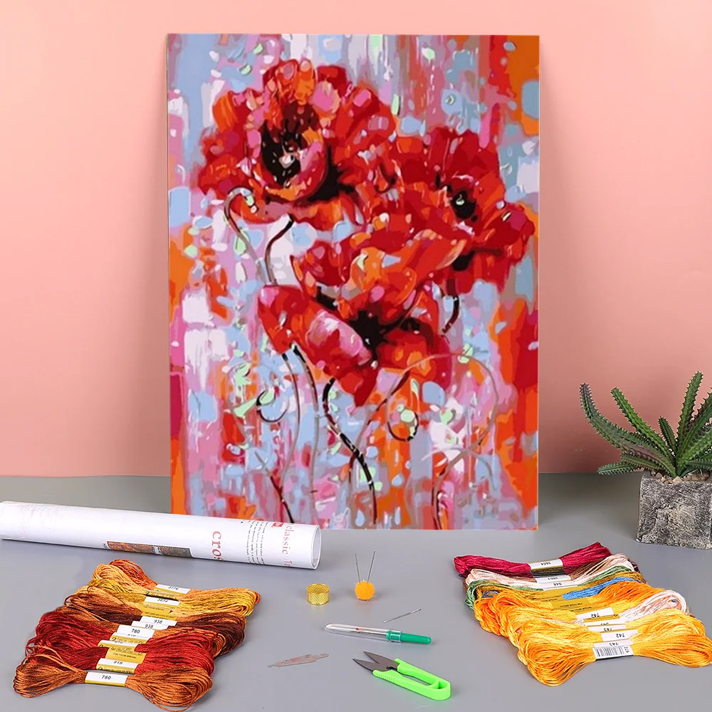 

Poppy Flowers Printed Fabric 11CT Cross Stitch Full Kit DIY Embroidery DMC Threads Knitting Painting Craft Wholesale