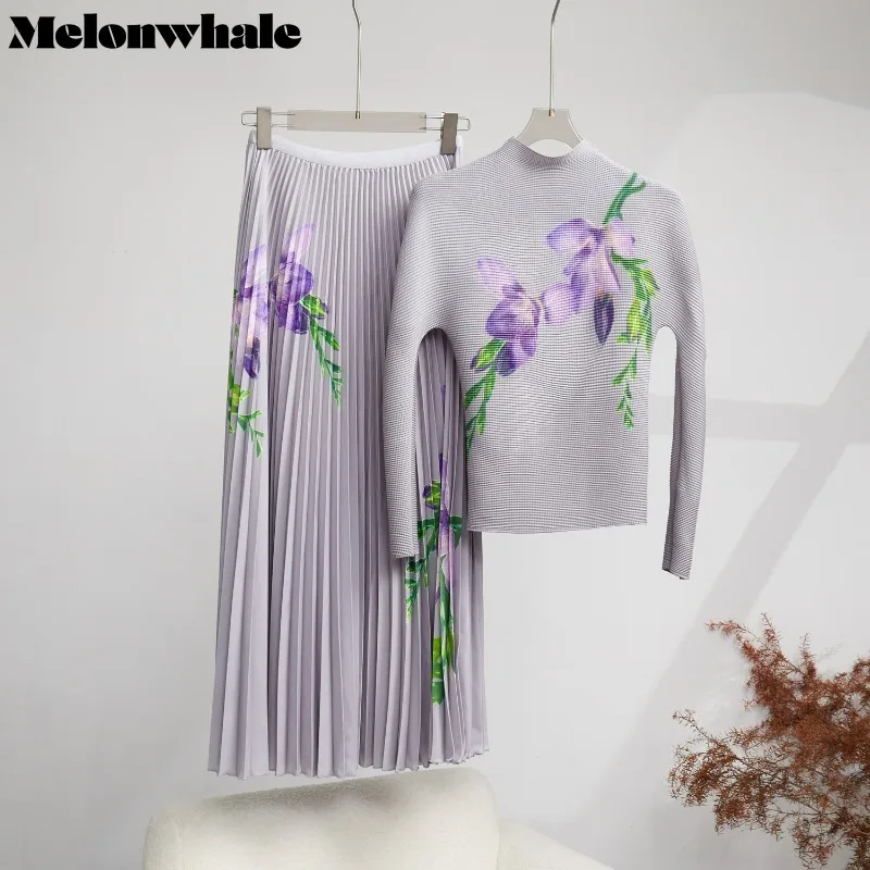 

MelonWhale Floral Printed Pleated T-Shirt Skirt Set Women's High Fashion Tight Top+Half Skirt Summer New Style Two Piece Sets