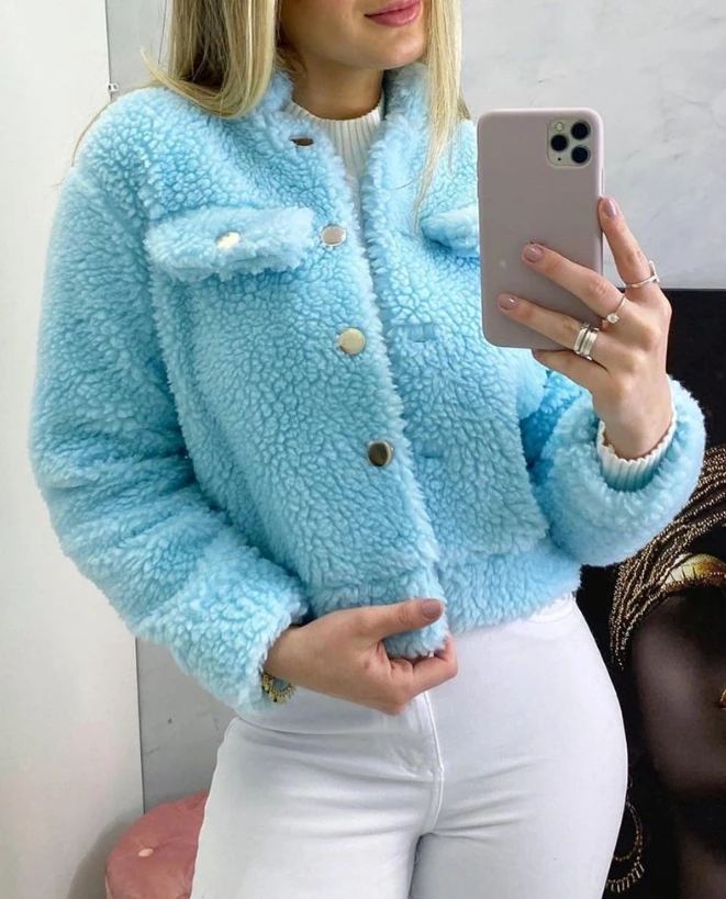 

Women's Jacket 2023 Autumn Fashion Button Pocket Decor Long Sleeve Casual Plain O-Neck Daily Teddy Coat Winter Coat for Women