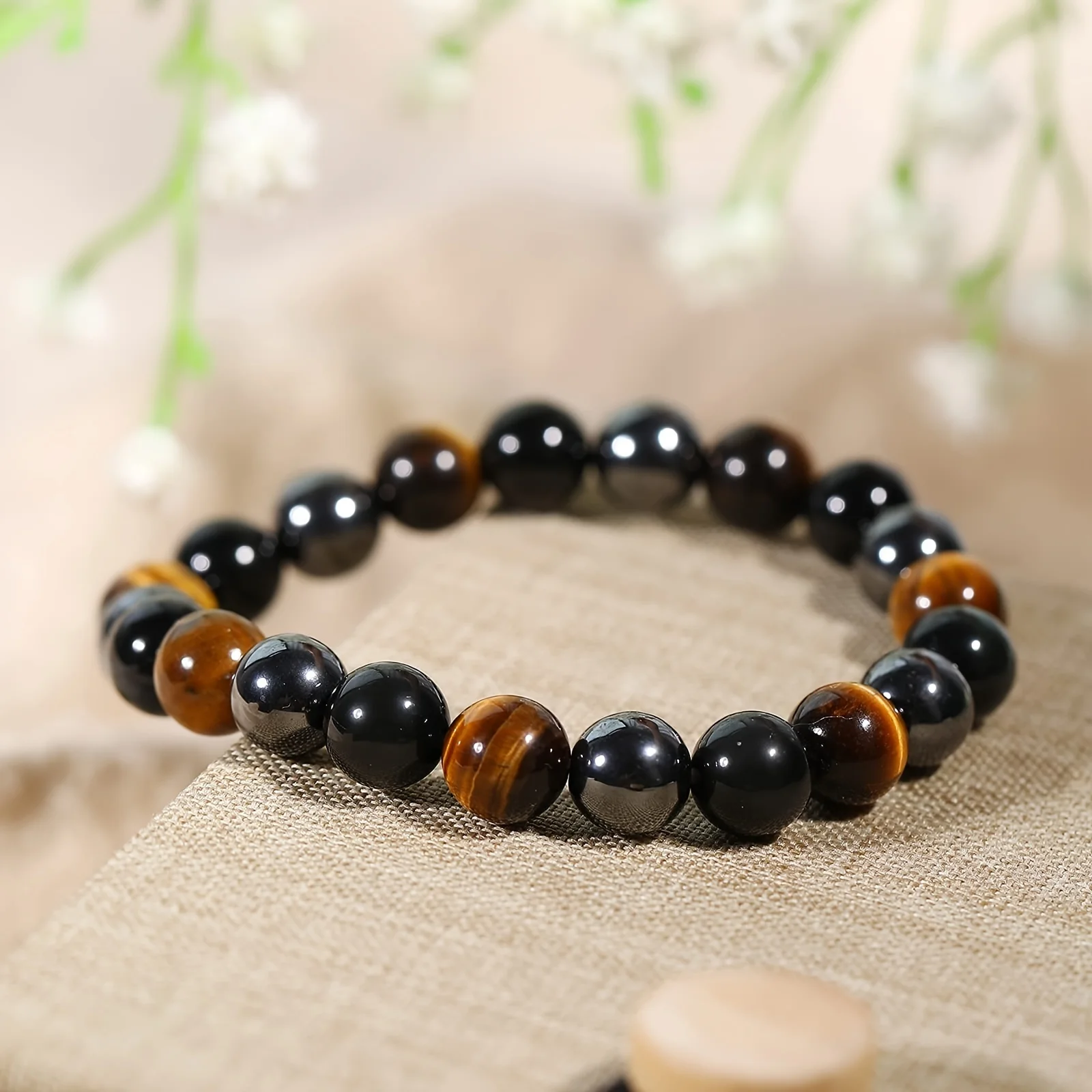 

8mm Triple Beaded Bracelet With Natural Stones Of Tiger Eye Hematite, Black Obsidian Elastic Crystal Bracelet For Anxiety Relief