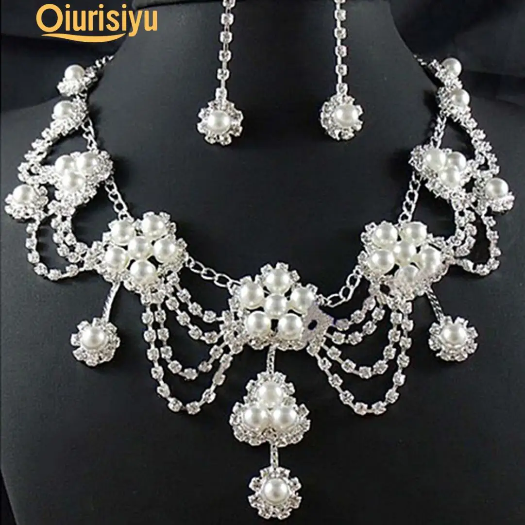 

Women's Luxury Rhinestone Faux Pearl Necklace Earring Wedding Jewelry Set Charm Gift