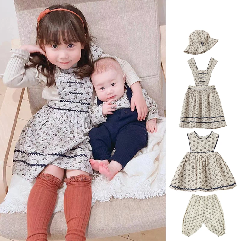 

23 Car Series Floral Dress For Girl Cotton Sleeveless Dresses Children Flower Sweet Cute Clothes Kids Pants With Fisherman Cap