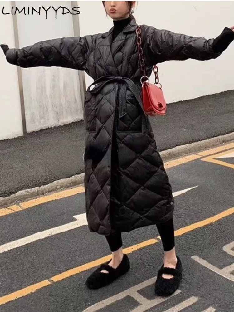 2022 Winter Women's Black Long Coat Cotton Padded Jacket Korean Casual Loose Street Style Belt Jacket Oversize
