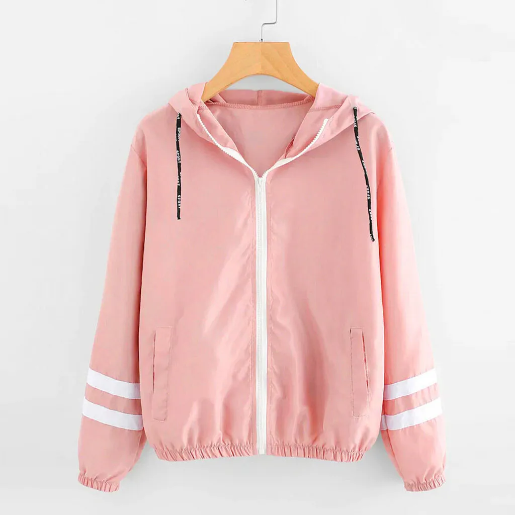 

Women Basic Jackets Female Zipper Pockets Casual Long Sleeves Coats Autumn Hooded Jacket Solid Windbreaker Jacket#J30