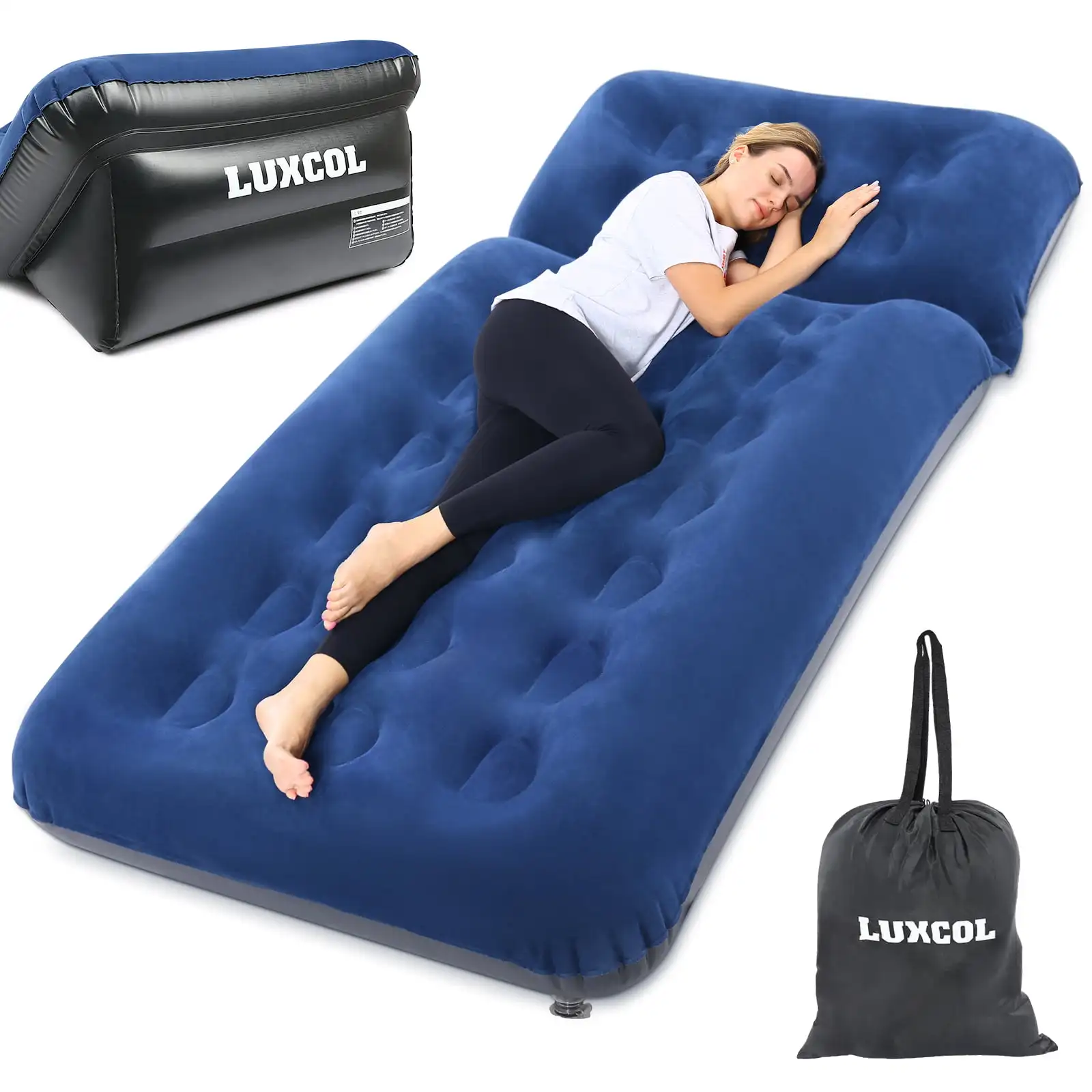 

Inflatable Mattress PVC 0.35mm Flocking Twin Air Mattress Bed - Dark Blue