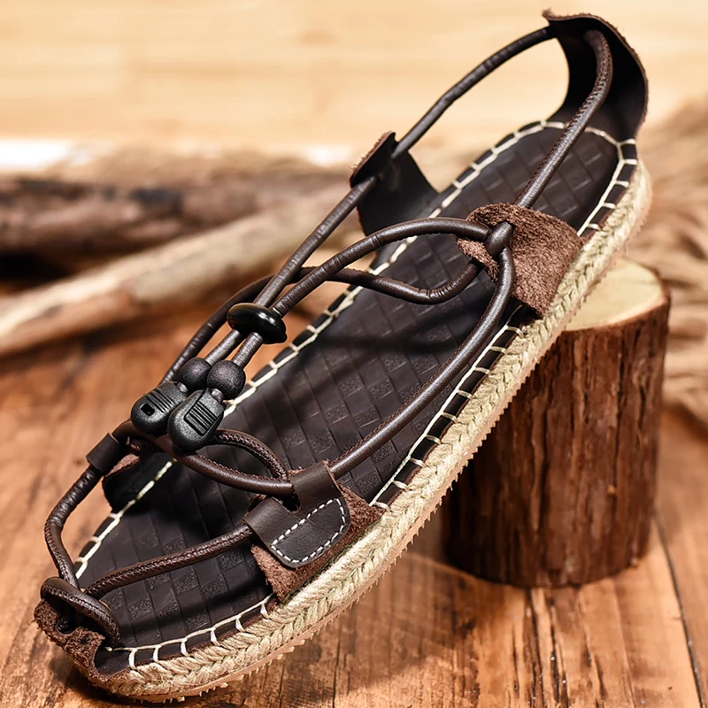 

2023 Summer New Men Sandals Breathable Comforable Roman Sandals Cross-Strap Straw Woven Shoes Low Top Lightweight Walking Shoes