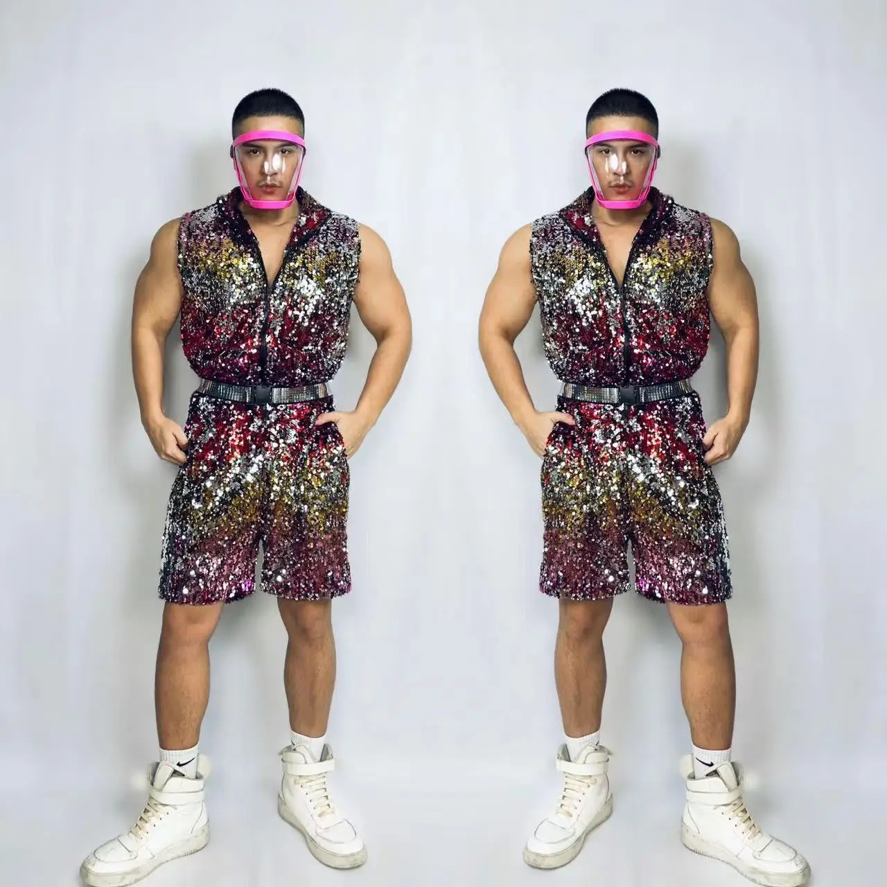 

Men Hip Hop Performance Clothes Singer Team Street Dance Costume Colorful Sequins Sleeveless Jumpsuit Nightclub Shiny Stage Wear