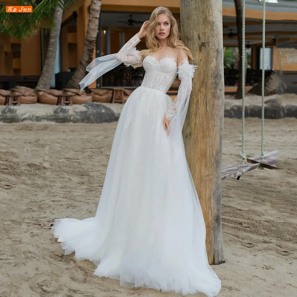 

KA JUN White O Neck Long Sleeves Lace Appliques Wedding Dress Vestidos De Noiva Boho A Line Bridal Gown Robe De Mariée
