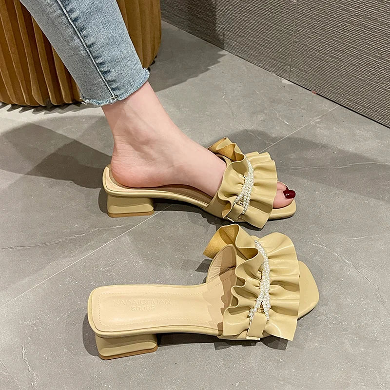 

Shoes Med Summer Clogs Woman Female Slippers Heeled Mules Slides Fashion Beach 2022 Soft High Luxury Flat PU Rome Casual Rubber