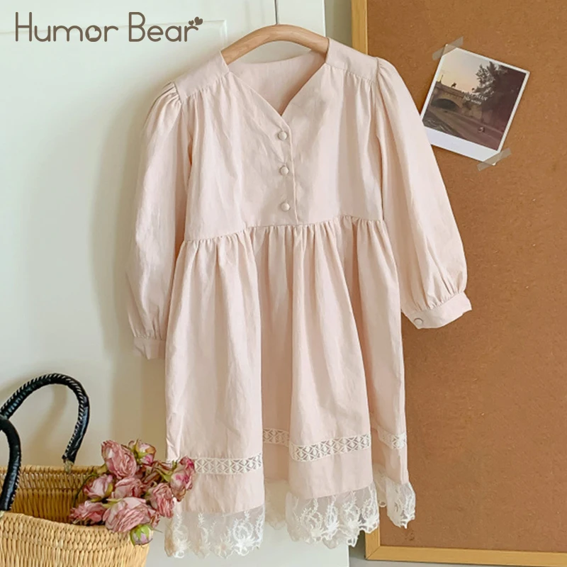 

Humor Bear 2022 Spring Autumn Long Sleeve Puff Sleeve Princess Dress Lace Hollow Patchwork Korean Casual DressToddler For 2-6Y