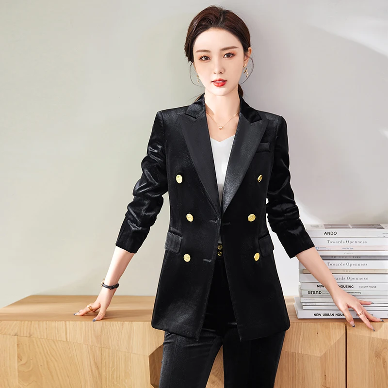 2023 Spring and Autumn New Blue Black Double breasted Fleece Suit Coat Women's Pants Two Piece Set Elegant Fashion Commuter Tren