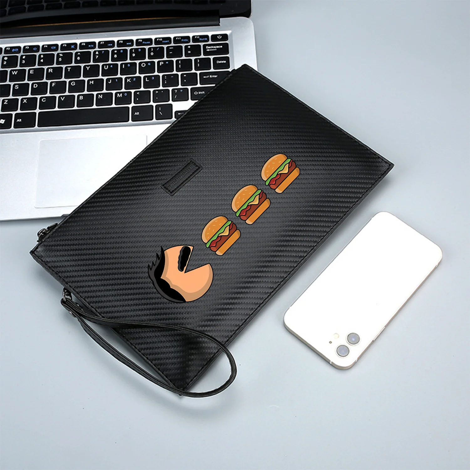 Фото Pacman ест бургер вкусная вкусная еда элегантная мужская сумка из искусственной кожи с принтом модная и практичная для повседневной носки №3