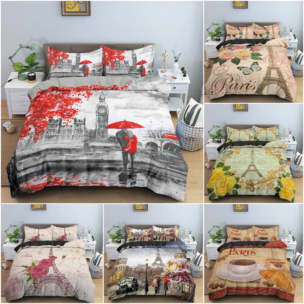 

Paris Eiffel Tower Printed Bedding Set Luxury Duvet Cover Set with Pillowcase Queen King Full Size Home Textile Bed Clothes