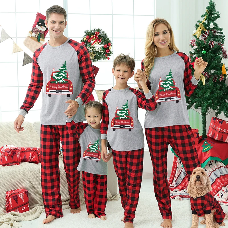Christmas Matching Family Pajamas Red Plaid Truck with Christmas Tree Gray Pajamas Set With Baby Pajamas