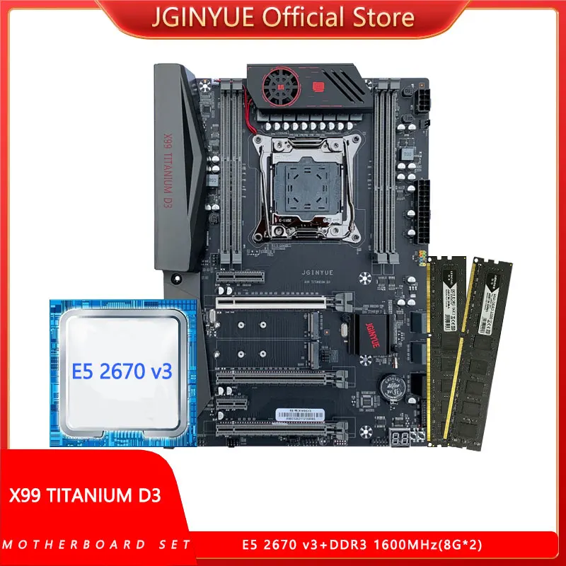 

JGINYUE X99 Motherboard combo kit set XEON E5 2670 V3 CPU Processor 2*8G DDR3 1600MHz RAM M.2 NVME SATA USB 3.0 X99 TITANIUM D3