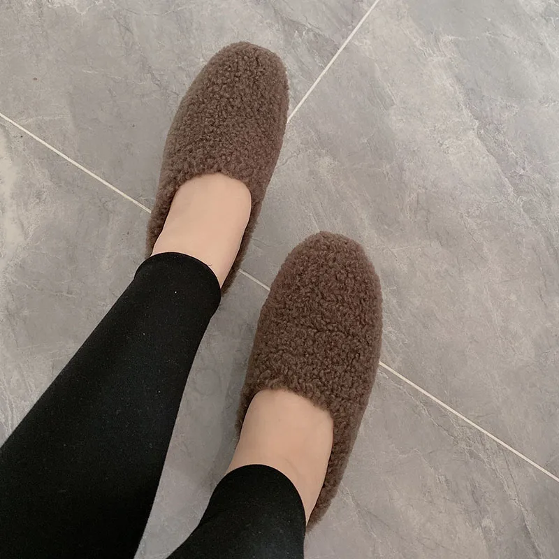 White Ladies Traf Loafers Warm Cotton Footwear Winter Slip On Sheep Fur Flats Women Lambswool Wool Shoes Mocasines Mujer