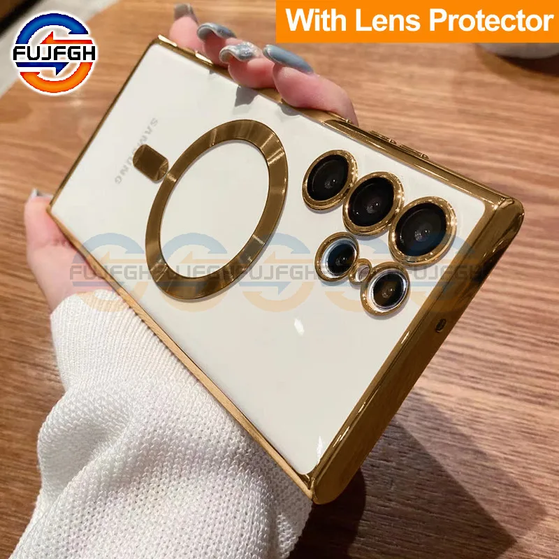 Роскошный Магнитный чехол Magsafe с покрытием и беспроводной зарядкой для Samsung Galaxy S23 S22 Plus Ultra S21 FE, прозрачный противоударный чехол Роскошный Магнитный чехол Magsafe с покрытием и беспроводной зарядкой для Samsung Galaxy S23 S22 Plus Ultra S21 FE, прозрачный противоударный чехол