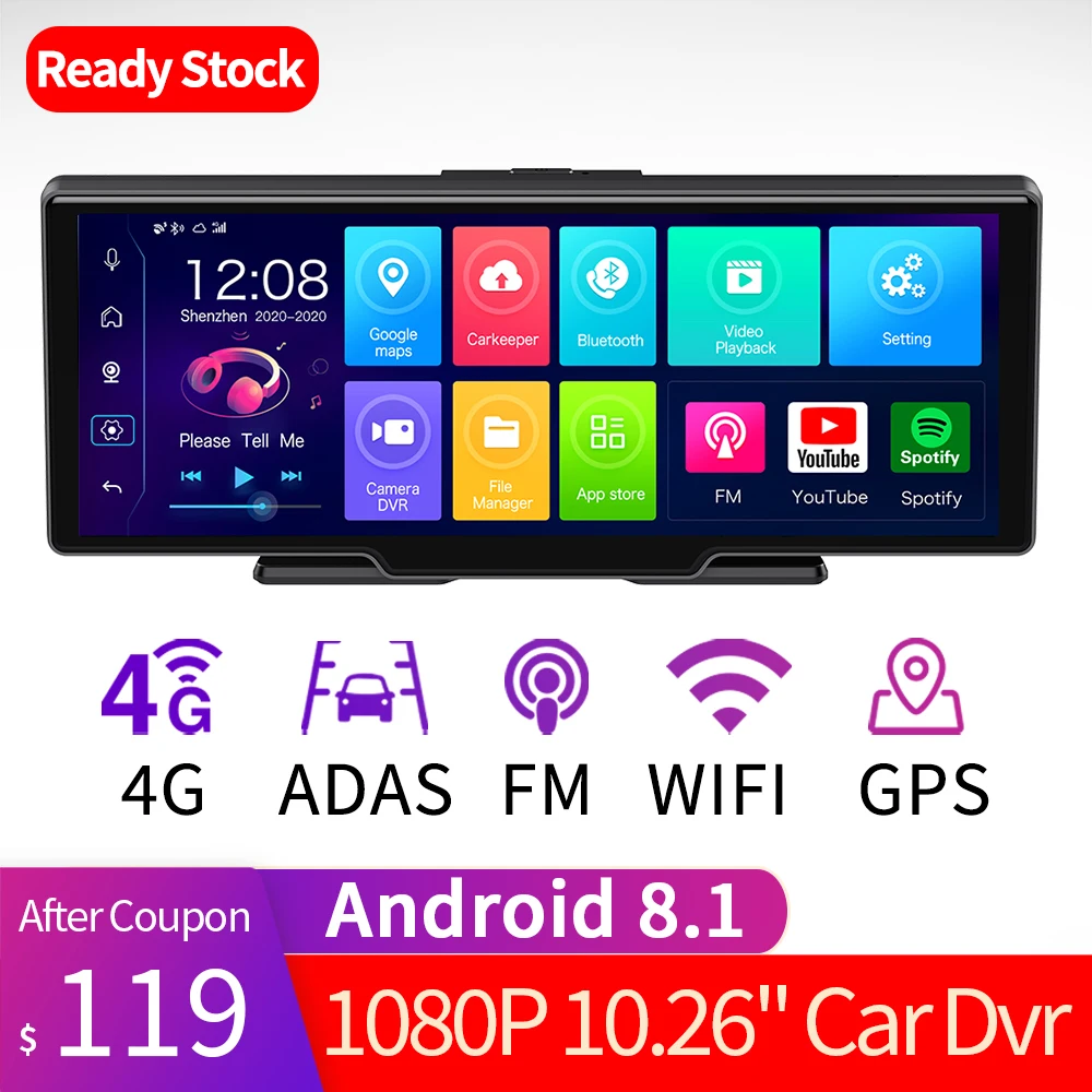 

10.26 Inch 4G Android 8.1 Car DVR Dual Lens 1080P Rear View Camera GPS Night Vision ADAS FM Transmitter Loop Recording Dash Cam