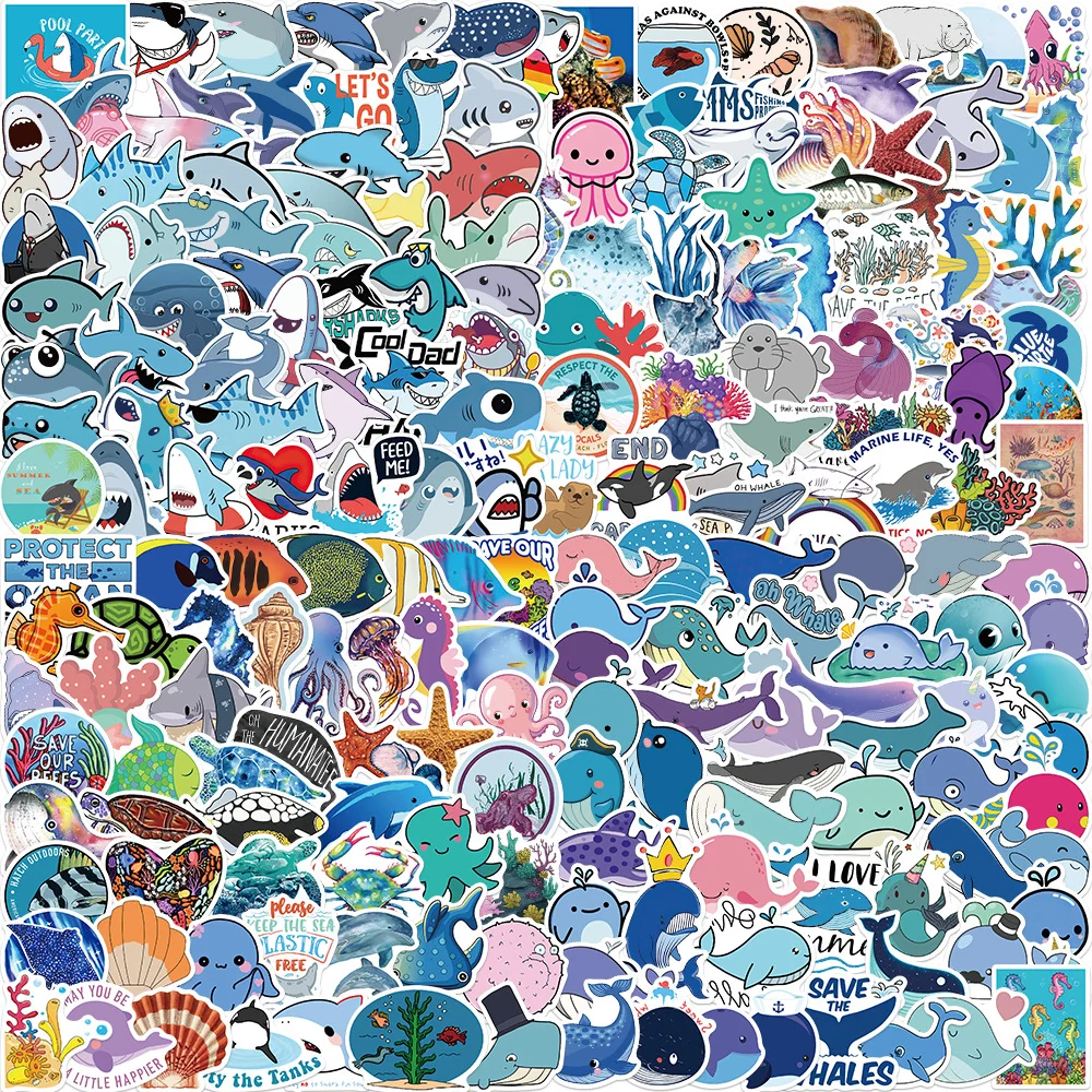 

50/100/200PCS Sea Animal Cartoon Stickers Ocean World Fishes Plants Coral Jellyfish Travel Cute Waterproof Sticker Kids Decals