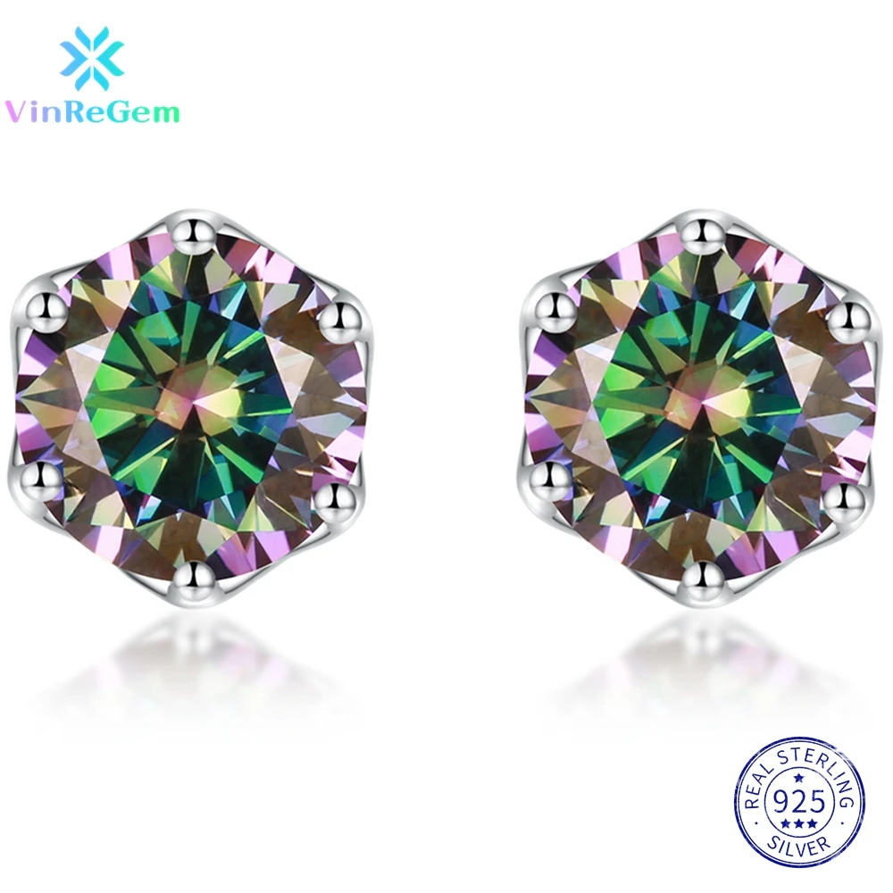 

Vinregem 925 Sterling Silver Round 2CT VVS1 Rainbow Moissanite Passed Test Diamonds Ear Studs Earrings for Women Drop Shipping