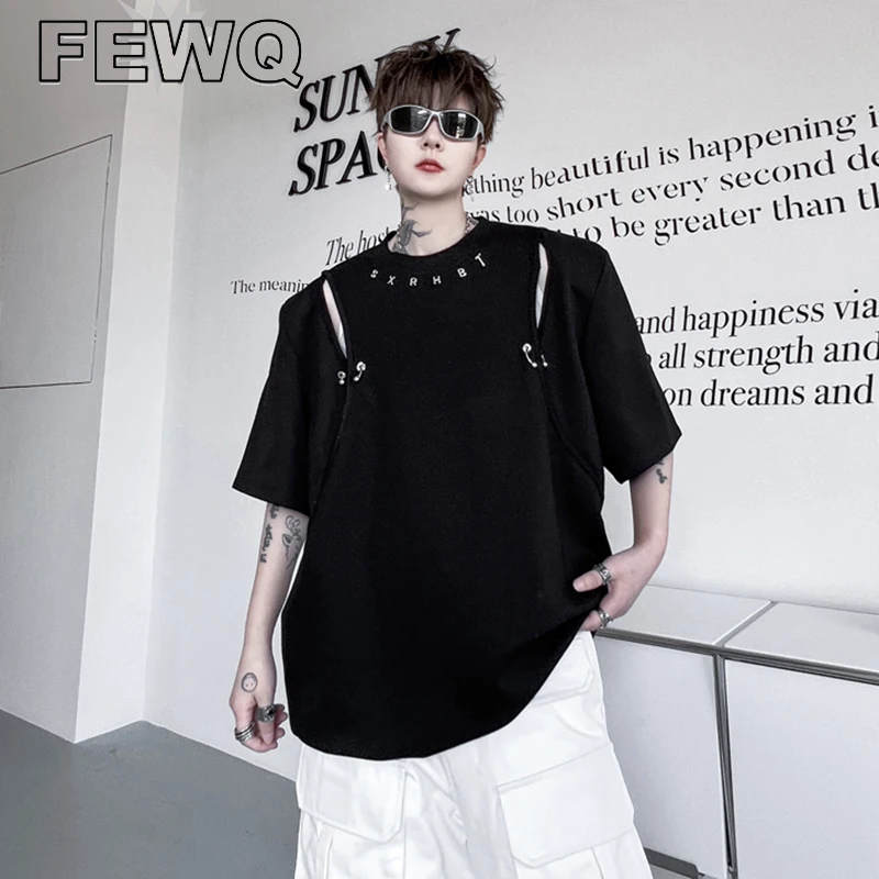 

Мужская футболка с коротким рукавом FEWQ, летняя футболка в Корейском стиле с наплечниками и надписью, с металлическими пуговицами, футболка с коротким рукавом 9C236