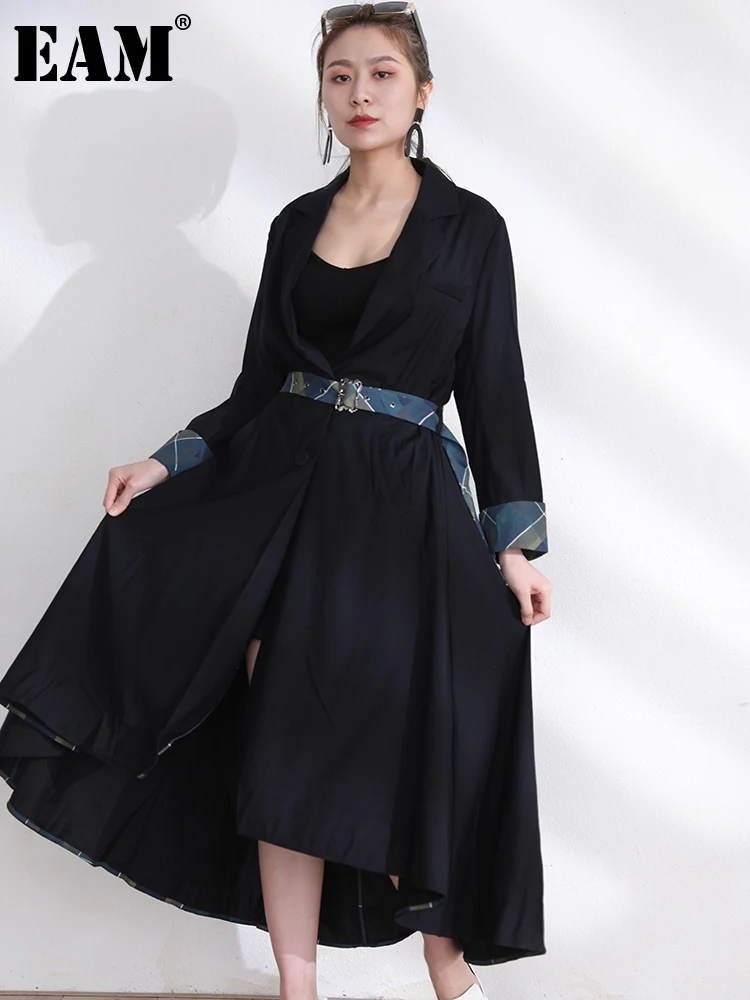 

[EAM] Women Blue Striped Long Big Size Trench New Lapel Long Sleeve Loose Fit Windbreaker Fashion Tide Spring Autumn 2023 JO552