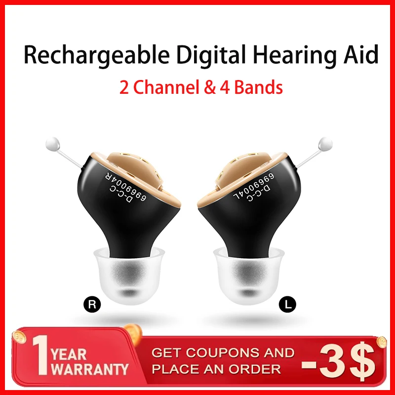 CIC Digital Hearing Aid Rechargeable 2 Channel And 4 Bands Invisible Wireless Sound Amplifier For Deafness High Power First Aid