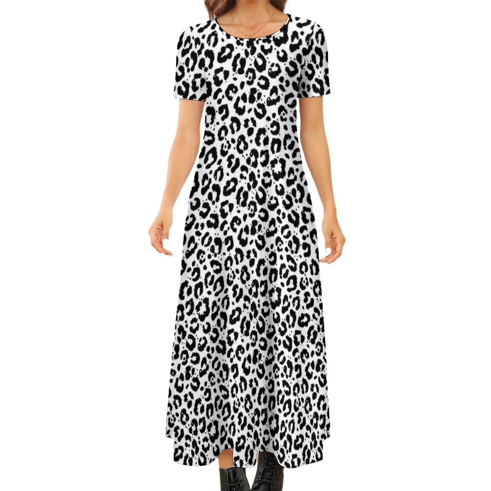 

Animal Dress Black and White Leopard Print Beach Maxi Dress Woman Short Sleeve Street Wear Boho Beach Long Dresses Large Size