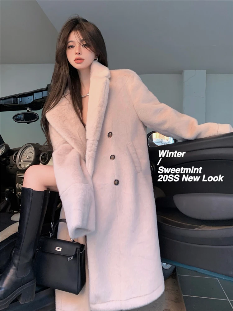 Women's Winter Luxury Long Faux Fur Coat Warm Plush Coats Jacket Elegant Loose Overcoat Double Breasted Outerwear Female
