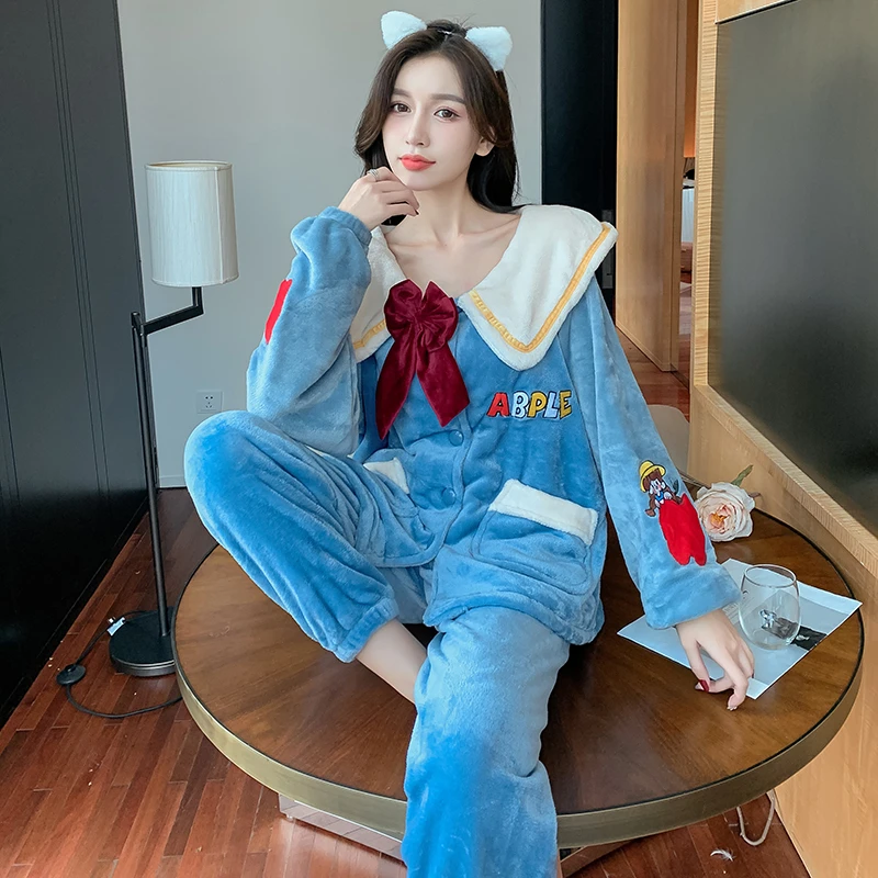 Flannel Inspissate Pajamas Loose Version Women Sleepwear Princess Style Col Claudine Cartoon Coral Fleece Winter Pajamas 4XL