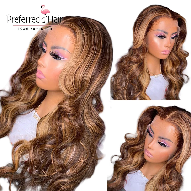 

Body Wave Honey Blonde Highlight Ombre Color 4X4 Closure Frontal Human Hair 13X6 Transparent Lace Front Remy Wigs Preplucked