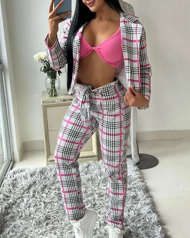 

Женский костюм с длинным рукавом, розовый клетчатый костюм с воротником, топ с поясом и прямые брюки, Модный повседневный приталенный костю...